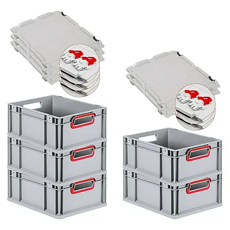 SuperSparSet 5x Eurobox NextGen Color mit Scharnierdeckel und Schiebeschnappverschlüssen | HxBxT 17x30x40cm | 16 Liter | Grau | Griffe rot offen | Glatter Boden | Eurobehälter, Transportbox, Transportbehälter, Stapelbehälter