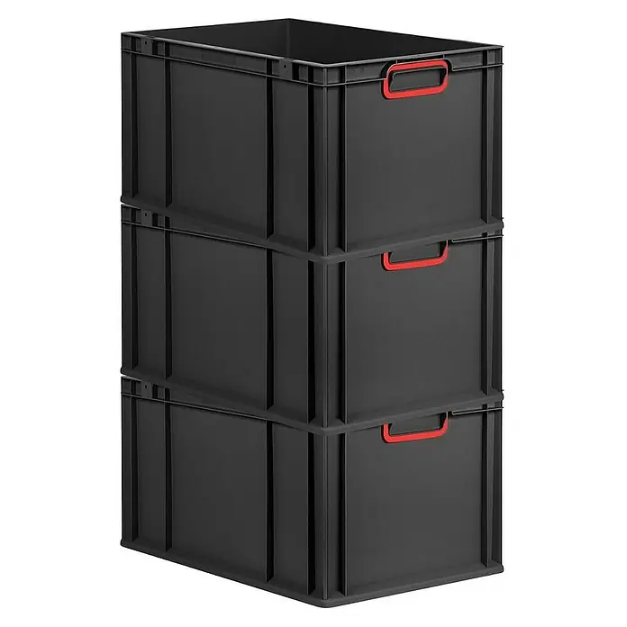 SuperSparSet 3x Eurobox NextGen Color | HxBxT 32x40x60cm | 65 Liter | Griffe rot geschlossen | Verstärkter Boden | Schwarz | Eurobehälter, Transportbox, Transportbehälter, Stapelbehälter -  - Gestapelte, schwarze Kunststoffboxen mit roten Griffen. Die robusten Boxen bieten viel Stauraum und sind ideal für Werkstatt oder Lager.