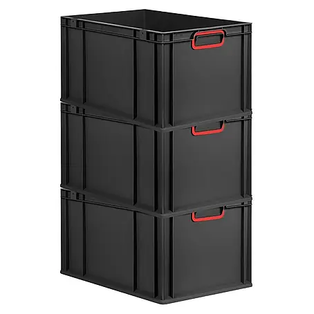 SuperSparSet 3x Eurobox NextGen Color | HxBxT 32x40x60cm | 65 Liter | Griffe rot geschlossen | Verstärkter Boden | Schwarz | Eurobehälter, Transportbox, Transportbehälter, Stapelbehälter