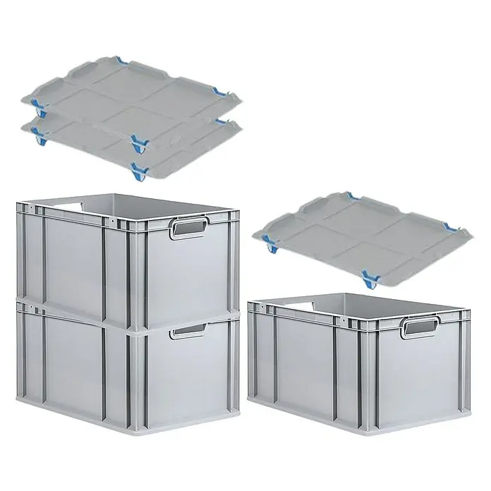Proregal Euroboxen-Set 3x Eurobox NextGen Economy mit Auflagedeckel und 4x Verschlüsse Blau - L x B x H: 60 x 40 x 32 cm, Kunststoff, Grau, 3 Stk. - Bild von zwei grauen Kunststoffboxen, die übereinander gestapelt sind, und zwei grauen Deckeln mit blauen Ecken.