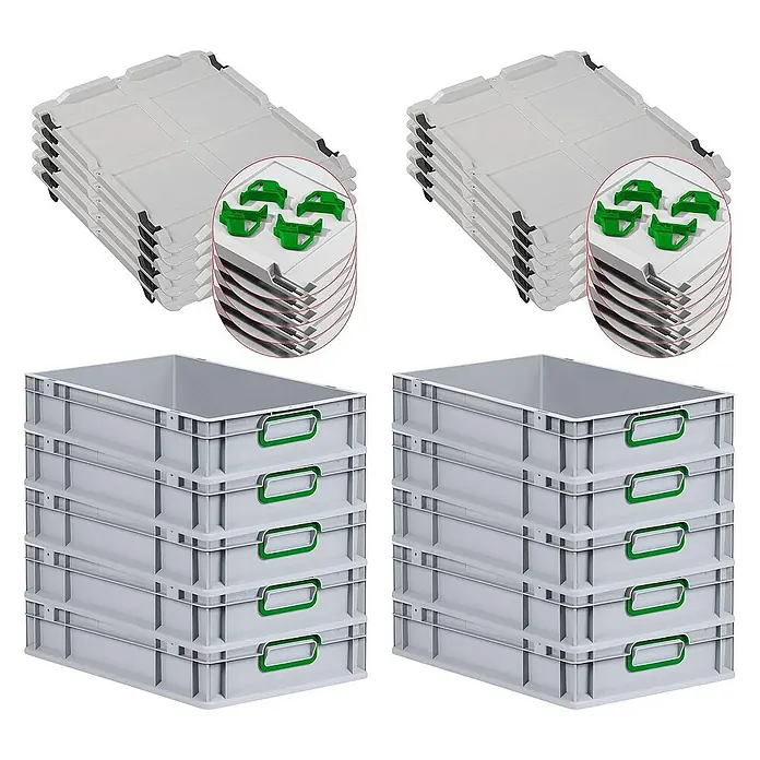 SparSet 10x Eurobox NextGen Color mit Auflagedeckel und Schiebeschnappverschlüsse | HxBxT 12x40x60cm | 23 Liter | Grau | Griffe grün geschlossen | Glatter Boden | Eurobehälter, Transportbox, Transportbehälter, Stapelbehälter -  - Das Bild zeigt graue Lagerbehälter mit grünen Griffen und graue Deckel, die gestapelt sind.