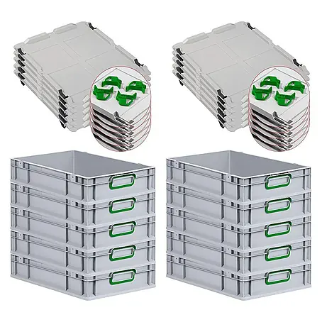 SparSet 10x Eurobox NextGen Color mit Auflagedeckel und Schiebeschnappverschlüsse | HxBxT 12x40x60cm | 23 Liter | Grau | Griffe grün geschlossen | Glatter Boden | Eurobehälter, Transportbox, Transportbehälter, Stapelbehälter