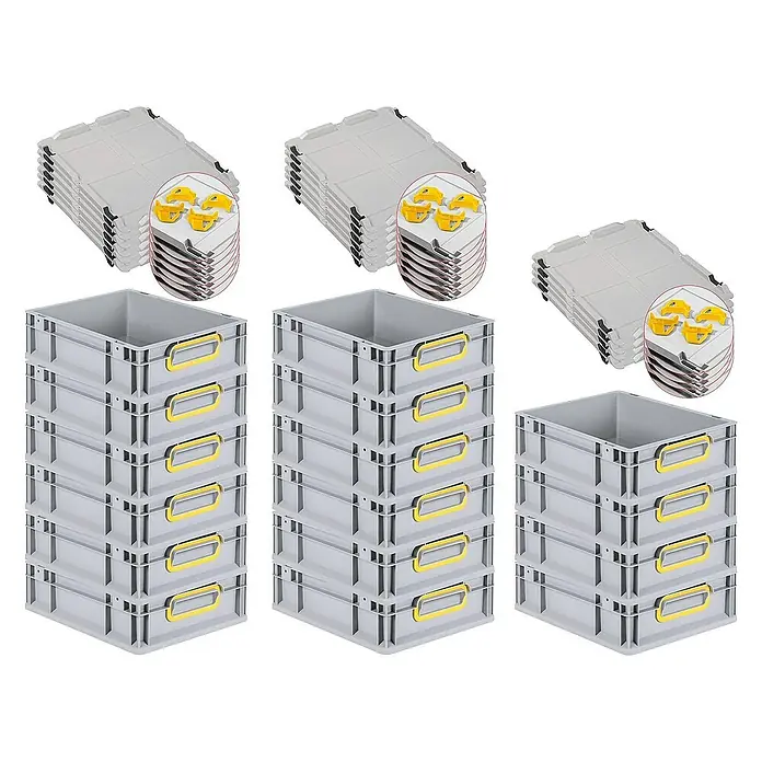 Proregal Euroboxen-Set 16x Eurobox NextGen Color mit Auflagedeckel und Schiebeschnappverschlüsse - L x B x H: 40 x 30 x 12 cm, Kunststoff, Grau, Gelb, 16 Stk. - Das Bild zeigt drei Stapel grauer Aufbewahrungsbehälter aus Kunststoff mit gelben Griffen und dazugehörigen Deckeln, die ordentlich gestapelt sind.