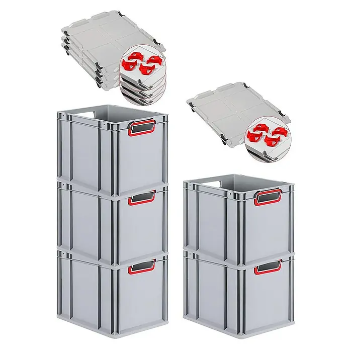 Proregal Euroboxen-Set 5x Eurobox NextGen Color mit Auflagedeckel und Schiebeschnappverschlüsse - Kunststoff, Grau, Rot, 5 Stk. - Graue Kunststoffboxen mit roten Griffen und grauen Deckeln. Robuste Aufbewahrungslösung für Lager und Transport.