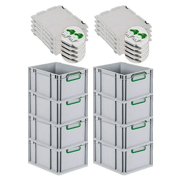 Proregal Euroboxen-Set 8x Eurobox NextGen Color mit Scharnierdeckel und Verschlüssen - L x B x H: 40 x 30 x 22 cm, Kunststoff, Grau, Grün, 8 Stk. - Ein Stapel grauer Eurobehälter mit grünen Griffen und grauen Deckeln. Für die Lagerung und den Transport von Waren.