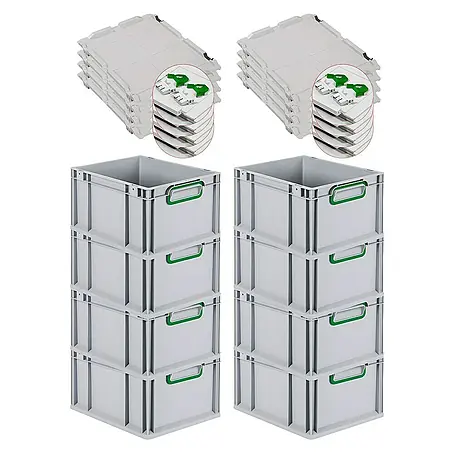 SuperSparSet 8x Eurobox NextGen Color mit Scharnierdeckel und Schiebeschnappverschlüssen | HxBxT 22x30x40cm | 20 Liter | Grau | Griffe grün geschlossen | Glatter Boden | Eurobehälter, Transportbox, Transportbehälter, Stapelbehälter