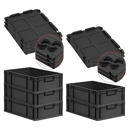 SuperSparSet 5x Eurobox NextGen Color mit Auflagedeckel und Schiebeschnappverschlüsse | HxBxT 17x40x60cm | 34 Liter | Schwarz | Griffe schwarz geschlossen | Glatter Boden | Eurobehälter, Transportbox, Transportbehälter, Stapelbehälter