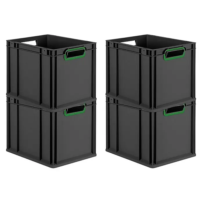 Proregal Euroboxen-Set 4x Eurobox NextGen Color - Kunststoff, Schwarz, Grün, 4 Stk. - Zwei Stapel von grauen Kunststoffboxen mit grünen Griffen stehen vor einem weißen Hintergrund.