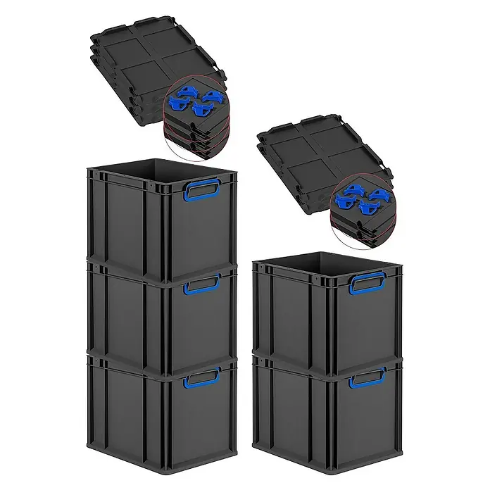 Proregal Euroboxen-Set 5x Eurobox NextGen Color mit Auflagedeckel und Schiebeschnappverschlüsse - L x B x H: 40 x 30 x 32 cm, Kunststoff, Schwarz, Blau, 5 Stk. - Das Bild zeigt graue Aufbewahrungsboxen mit blauen Griffen und dazugehörige Deckel, ideal für Lagerung und Organisation.