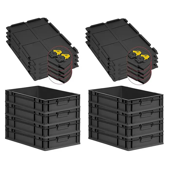 Proregal Euroboxen-Set 8x Eurobox NextGen Grip mit Scharnierdeckel und gelben Verschlüssen - L x B x H: 60 x 40 x 12 cm, Kunststoff, Schwarz, 8 Stk. - Zwei Stapel schwarzer Euroboxen und zwei Stapel faltbarer Transportboxen mit gelben Verschlüssen.