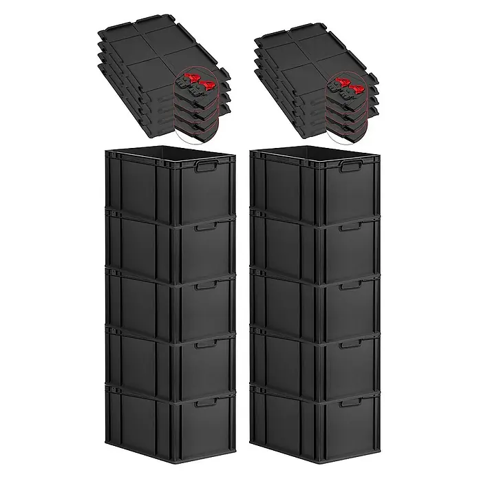Proregal Euroboxen-Set 10x Eurobox NextGen Grip mit Scharnierdeckel und roten Verschlüssen - L x B x H: 60 x 40 x 32 cm, Kunststoff, Schwarz, 10 Stk. - Stapelboxen mit Deckel: Hier sehen wir einen Stapel schwarzer Boxen und Deckel, ideal für die Organisation.