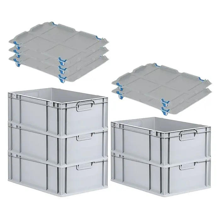 Proregal Euroboxen-Set 5x Eurobox NextGen Grip mit Auflagedeckel inkl. 4 blauen Verschlüssen - L x B x H: 60 x 40 x 22 cm, Kunststoff, Grau, 5 Stk. - Bild von grauen Eurobehältern und Deckeln. Die Boxen sind stapelbar und haben Griffe, die Deckel sind zur Abdeckung der Boxen.
