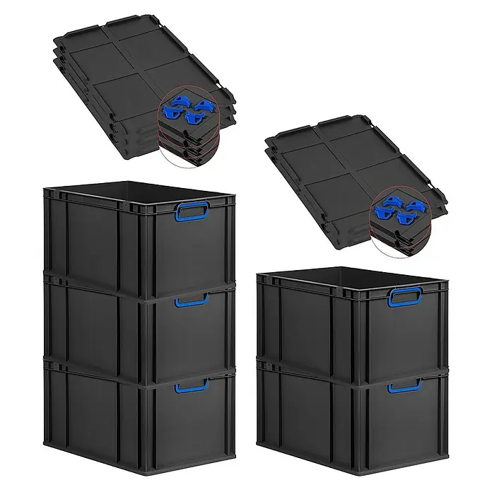 Proregal Euroboxen-Set 5x Eurobox NextGen Color mit Auflagedeckel und Schiebeschnappverschlüsse - L x B x H: 60 x 40 x 32 cm, Kunststoff, Schwarz, Blau, 5 Stk. - Schwarze Euroboxen mit Deckeln und blauen Griffen, stapelbar und robust für Lagerung und Transport.