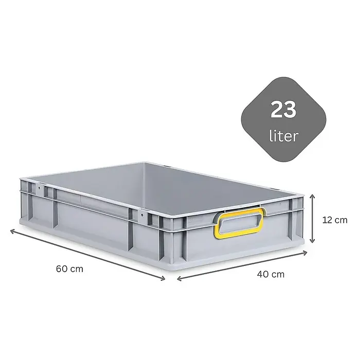 Proregal Euroboxen-Set 5x Eurobox NextGen Color - L x B x H: 60 x 40 x 12 cm, Kunststoff, Grau, Gelb, 5 Stk. - Graue Kunststoffbox mit gelbem Griff und den Maßen 60 cm x 40 cm x 12 cm. Das Fassungsvermögen beträgt 23 Liter.