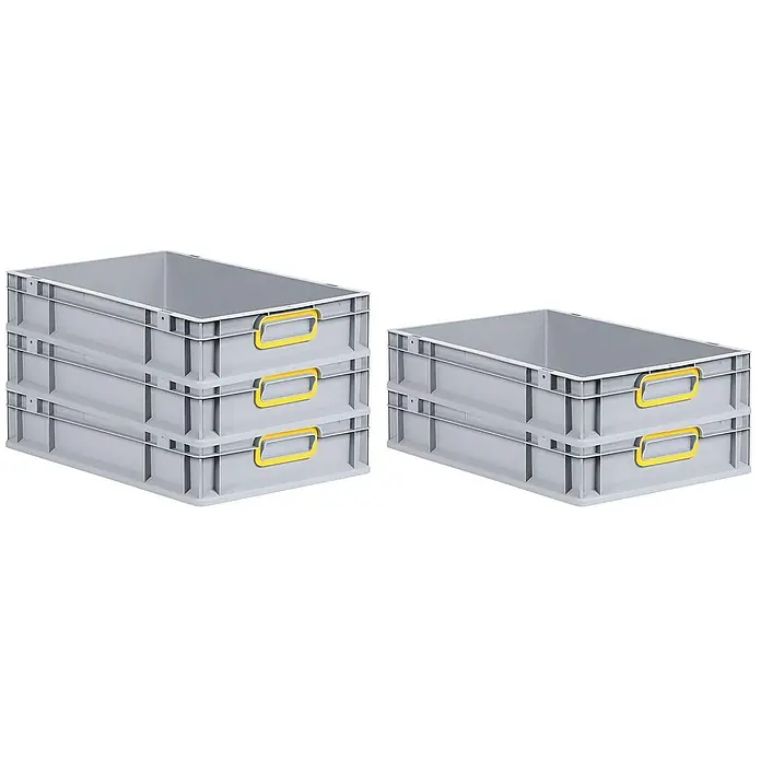 Proregal Euroboxen-Set 5x Eurobox NextGen Color - L x B x H: 60 x 40 x 12 cm, Kunststoff, Grau, Gelb, 5 Stk. - Zwei Stapel grauer Kunststoffboxen mit gelben Griffen, ideal für Lagerung und Organisation. Robust und vielseitig einsetzbar.