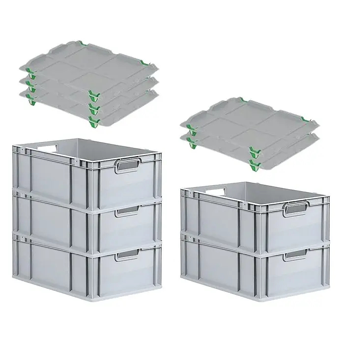 Proregal Euroboxen-Set 5x Eurobox NextGen Economy mit Auflagedeckel und 4x Verschlüsse Grün - L x B x H: 60 x 40 x 22 cm, Kunststoff, Grau, 5 Stk. - Abgebildet sind graue Eurobehälter mit Griffen und dazugehörige Deckel mit grünen Verschlüssen. Ideal für Lagerung und Transport.