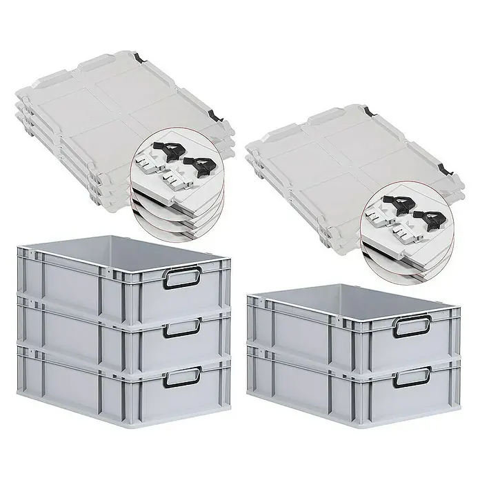 Proregal Euroboxen-Set 5x Eurobox NextGen Color mit Scharnierdeckel und Verschlüssen - L x B x H: 60 x 40 x 17 cm, Kunststoff, Grau, Schwarz, 5 Stk. - Kisten und Deckel: Eine Darstellung von drei grauen Kunststoffkisten und zwei Stapeln grauer Deckel mit Detailansicht der zugehörigen Verschlüsse.