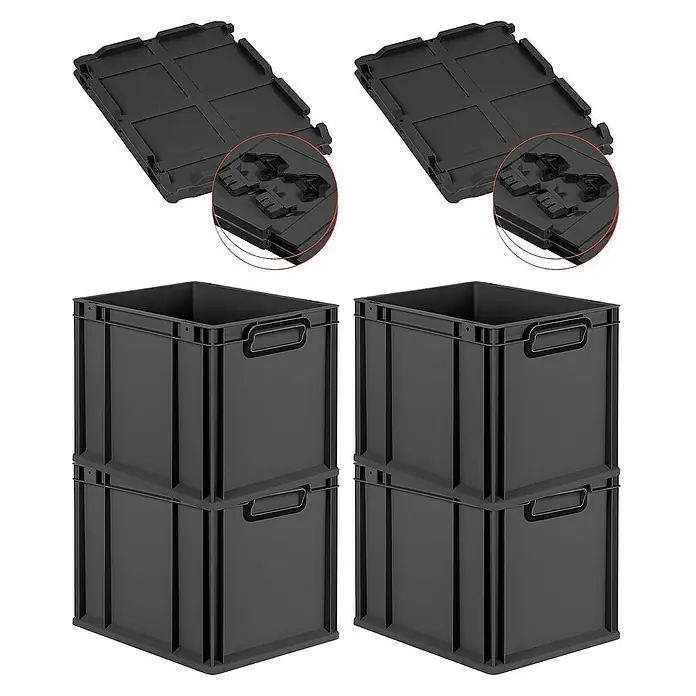 Proregal Euroboxen-Set 4x Eurobox NextGen Color mit Scharnierdeckel und Verschlüssen - Kunststoff, Schwarz, Schwarz, 4 Stk. - Stapelbare, schwarze Eurobehälter mit passenden Deckeln, ideal für Lagerung und Transport.