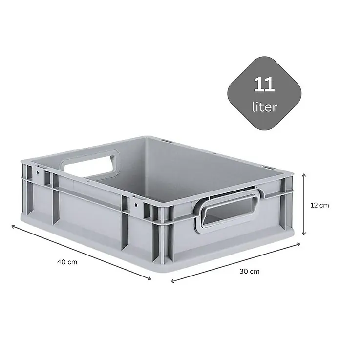 Proregal Euroboxen-Set 5x Eurobox NextGen Economy mit Auflagedeckel und 4x Verschlüsse Schwarz - Kunststoff, Grau, 5 Stk. - Graue 11-Liter-Kunststoffbox mit Griffen und Maßangaben (40x30x12 cm) für Lagerung und Organisation.