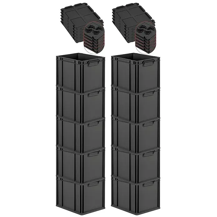 Proregal Euroboxen-Set 10x Eurobox NextGen Grip mit Auflagedeckel inkl. 4 schwarzen Verschlüssen - Kunststoff, Schwarz, 10 Stk. - Ein Stapel schwarzer Euroboxen und Deckel. Die robusten Kunststoffboxen sind ideal für Lagerung und Transport.