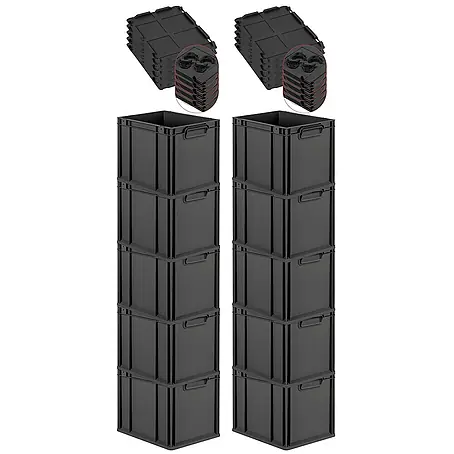 Proregal  Euroboxen-Set 10x Eurobox NextGen Grip mit Auflagedeckel inkl. 4 schwarzen Verschlüssen