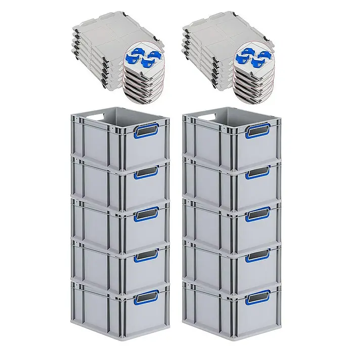 Proregal Euroboxen-Set 10x Eurobox NextGen Color mit Auflagedeckel und Schiebeschnappverschlüsse - L x B x H: 40 x 30 x 22 cm, Kunststoff, Grau, Blau, 10 Stk. - Stapelbare Kunststoffboxen mit Deckeln. Robuste, graue Aufbewahrungsbehälter mit blauen Griffen für den vielseitigen Einsatz im Lager oder Büro.