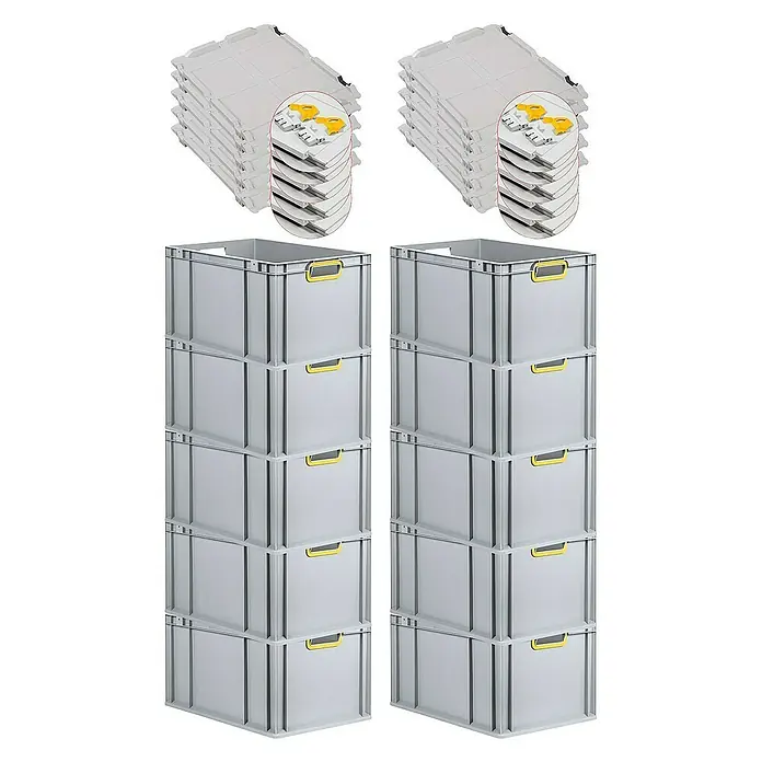 Proregal Euroboxen-Set 10x Eurobox NextGen Color mit Scharnierdeckel und Verschlüssen - L x B x H: 60 x 40 x 32 cm, Kunststoff, Grau, Gelb, 10 Stk. - Stapelbare Eurobehälter mit Deckeln und Griffen in Gelb. Ideal für Lagerung und Transport.
