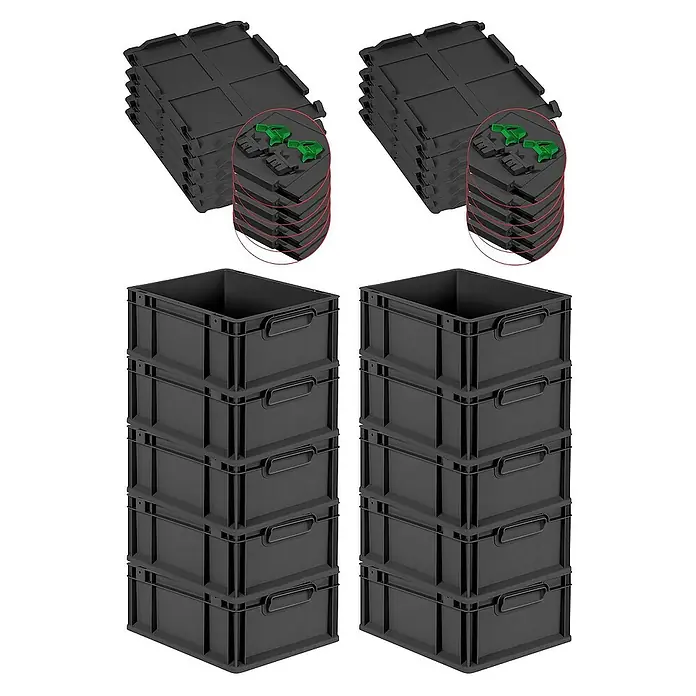 Proregal Euroboxen-Set 10x Eurobox NextGen Grip mit Scharnierdeckel und grünen Verschlüssen - L x B x H: 40 x 30 x 17 cm, Kunststoff, Schwarz, 10 Stk. - Stapelbare Lagerkörbe und Transportkisten. Platzsparende Aufbewahrungslösung mit robusten Klappboxen und praktischen Verbindungsstücken.