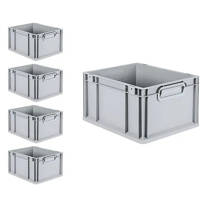 Proregal Euroboxen-Set 5x Eurobox NextGen Grip mit Scharnierdeckel und grünen Verschlüssen - L x B x H: 40 x 30 x 22 cm, Kunststoff, Grau, 5 Stk. - Graue Lagerkästen aus Kunststoff, ideal für die Organisation und Aufbewahrung in Werkstatt und Lager.