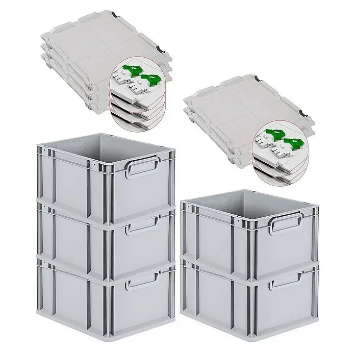 Proregal Euroboxen-Set 5x Eurobox NextGen Grip mit Scharnierdeckel und grünen Verschlüssen - L x B x H: 40 x 30 x 22 cm, Kunststoff, Grau, 5 Stk. - Eine Nahaufnahme von stapelbaren, grauen Eurobehältern und passenden Deckeln, die robuste Aufbewahrungslösungen für verschiedene Zwecke bieten.