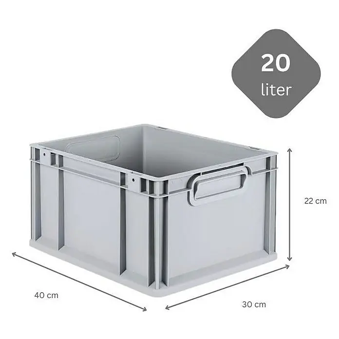Proregal Euroboxen-Set 5x Eurobox NextGen Grip mit Scharnierdeckel und grünen Verschlüssen - L x B x H: 40 x 30 x 22 cm, Kunststoff, Grau, 5 Stk. - Graue 20-Liter-Kunststoffbox mit den Maßen 40 x 30 x 22 cm, ideal für Lagerung und Organisation.