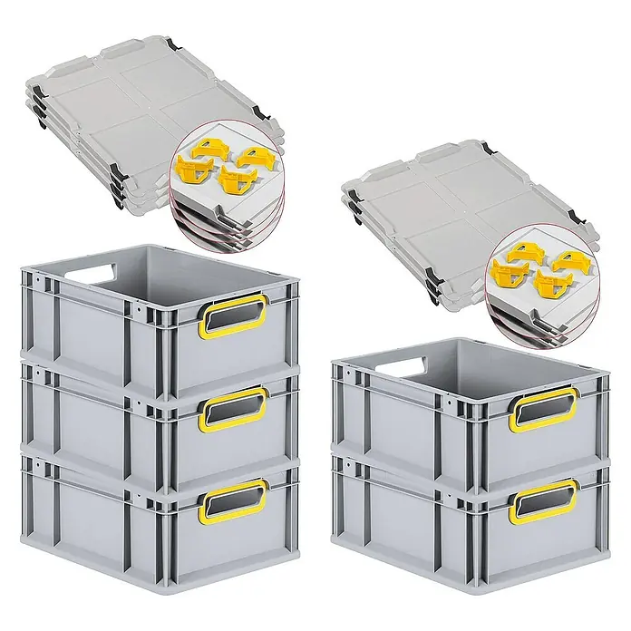 Proregal Euroboxen-Set 5x Eurobox NextGen Color mit Auflagedeckel und Schiebeschnappverschlüsse - L x B x H: 40 x 30 x 17 cm, Kunststoff, Grau, Gelb, 5 Stk. - Mehrere graue Lagerkästen mit gelben Griffen und passende Deckel, ideal für die Organisation und Lagerung von Gegenständen.