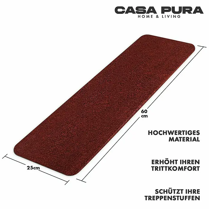 Stufenmatte Leipzig - 60 x 25 cm, 100 % Polypropylen, Rot - Produktbild einer roten Treppenstufe mit den Maßen 60 x 25 cm, inklusive Produktbeschreibung und Markenlogo von Casa Pura.