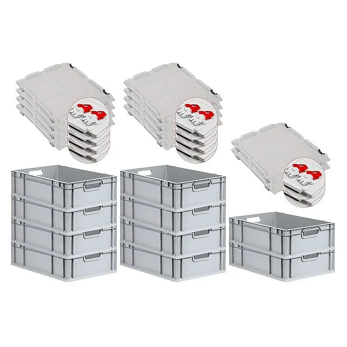 Proregal Euroboxen-Set 10x Eurobox NextGen Grip mit Scharnierdeckel und roten Verschlüssen - L x B x H: 60 x 40 x 17 cm, Kunststoff, Grau, 10 Stk. - Ein Stapel von grauen Lagerbehältern mit praktischen Tragegriffen und dazugehörigen Deckeln, ideal für die Organisation.