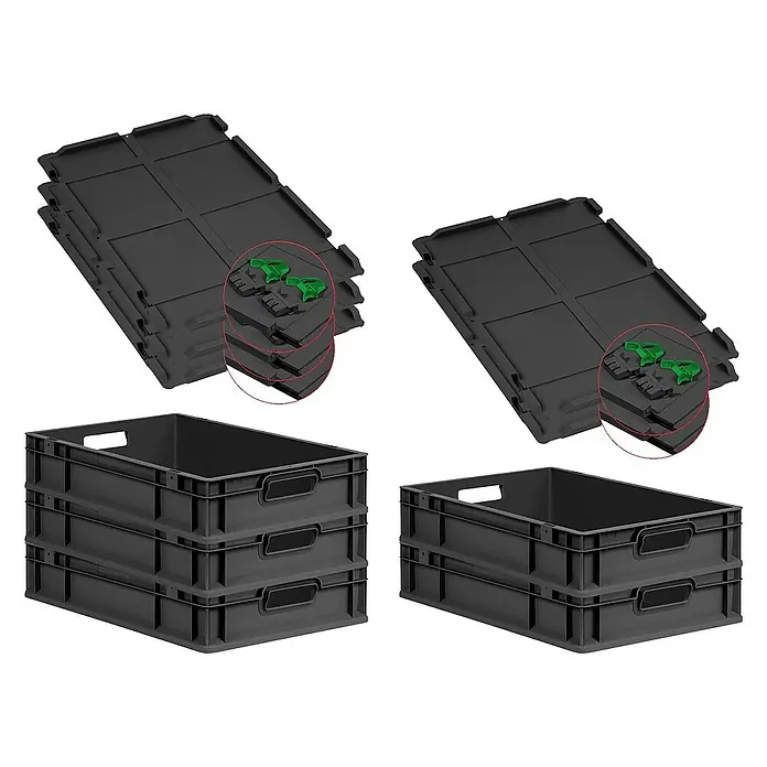 Proregal Euroboxen-Set 5x Eurobox NextGen Grip mit Scharnierdeckel und grünen Verschlüssen - L x B x H: 60 x 40 x 12 cm, Kunststoff, Schwarz, 5 Stk. - Stapelbare Kunststoffbehälter und faltbare Behälter, ideal für Lagerung und Transport. Robuste und platzsparende Lösungen.