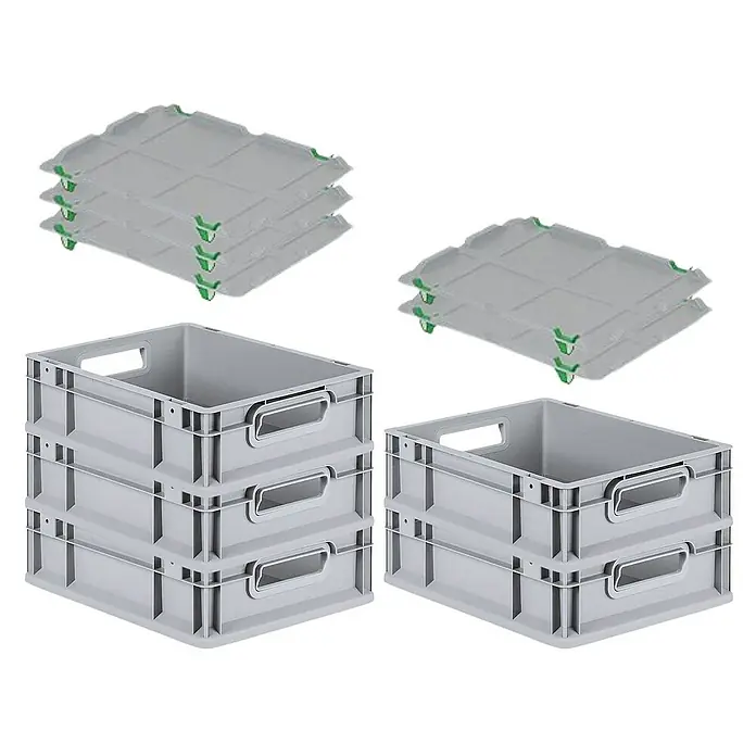 Proregal Euroboxen-Set 5x Eurobox NextGen Grip mit Auflagedeckel inkl. 4 grünen Verschlüssen - L x B x H: 40 x 30 x 12 cm, Kunststoff, Grau, 5 Stk. - Stapelbare graue Kunststoffbehälter mit Deckeln, ideal für Lagerung und Transport.
