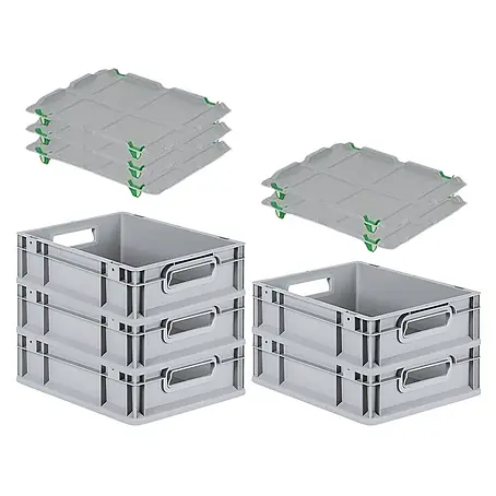 SparSet 5x Eurobox NextGen Grip mit Auflagedeckel inkl. 4 grünen Schiebeschnappverschlüssen | HxBxT 12x30x40cm | 11 Liter | Grau | Griffe offen | Glatter Boden | Eurobehälter, Transportbox, Transportbehälter, Stapelbehälter