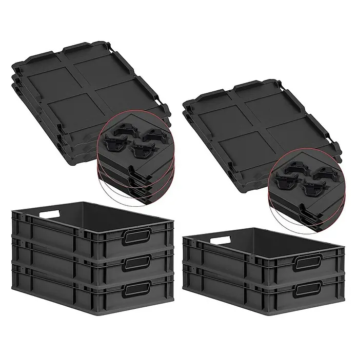 SparSet 5x Eurobox NextGen Color mit Auflagedeckel und Schiebeschnappverschlüsse | HxBxT 12x40x60cm | 23 Liter | Schwarz | Griffe schwarz offen | Glatter Boden | Eurobehälter, Transportbox, Transportbehälter, Stapelbehälter -  - Stapelbare Kunststoffkisten und zugehörige Deckel, ideal für Lagerung und Transport.