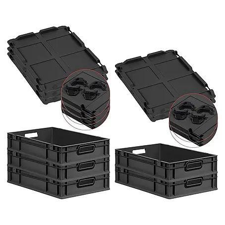 SparSet 5x Eurobox NextGen Color mit Auflagedeckel und Schiebeschnappverschlüsse | HxBxT 12x40x60cm | 23 Liter | Schwarz | Griffe schwarz offen | Glatter Boden | Eurobehälter, Transportbox, Transportbehälter, Stapelbehälter