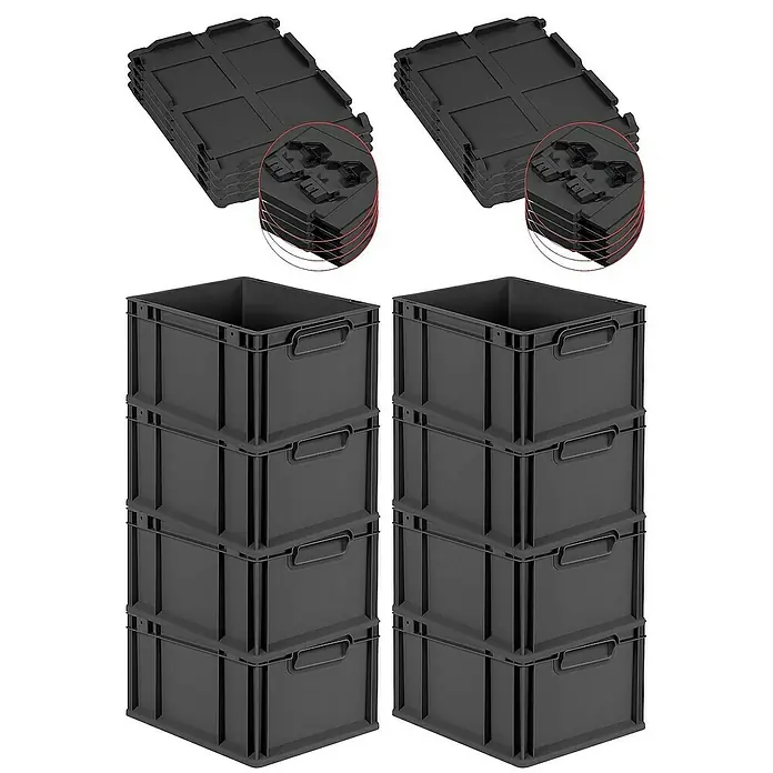 Proregal Euroboxen-Set 8x Eurobox NextGen Color mit Scharnierdeckel und Verschlüssen - L x B x H: 40 x 30 x 22 cm, Kunststoff, Schwarz, Schwarz, 8 Stk. - Das Bild zeigt zwei Stapel schwarzer Kunststoffboxen und zwei Stapel schwarzer, quadratischer Kacheln.