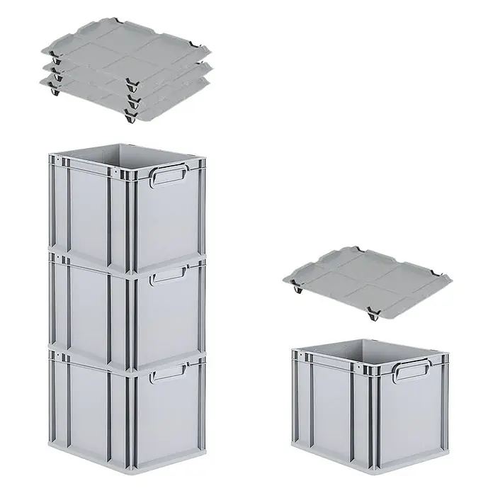 Proregal Euroboxen-Set 4x Eurobox NextGen Economy mit Auflagedeckel und 4x Verschlüsse Schwarz - Kunststoff, Grau, 4 Stk. - Das Bild zeigt eine Stapelbox und Rollbrett in Grau, ideal für Lagerung und Transport. Praktische Lösungen für Ordnung und Mobilität.
