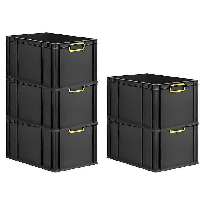 Proregal Euroboxen-Set 10x Eurobox NextGen Color - L x B x H: 60 x 40 x 32 cm, Kunststoff, Schwarz, Gelb, 10 Stk. - Stapelbare schwarze Kunststoffboxen mit gelben Griffen, ideal für Lagerung und Organisation, präsentiert in zwei Stapeln unterschiedlicher Höhe.