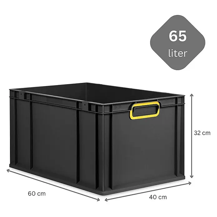 Proregal Euroboxen-Set 10x Eurobox NextGen Color - L x B x H: 60 x 40 x 32 cm, Kunststoff, Schwarz, Gelb, 10 Stk. - Schwarze 65-Liter-Aufbewahrungsbox mit den Maßen 60 x 40 x 32 cm, ideal für die Lagerung verschiedener Gegenstände.