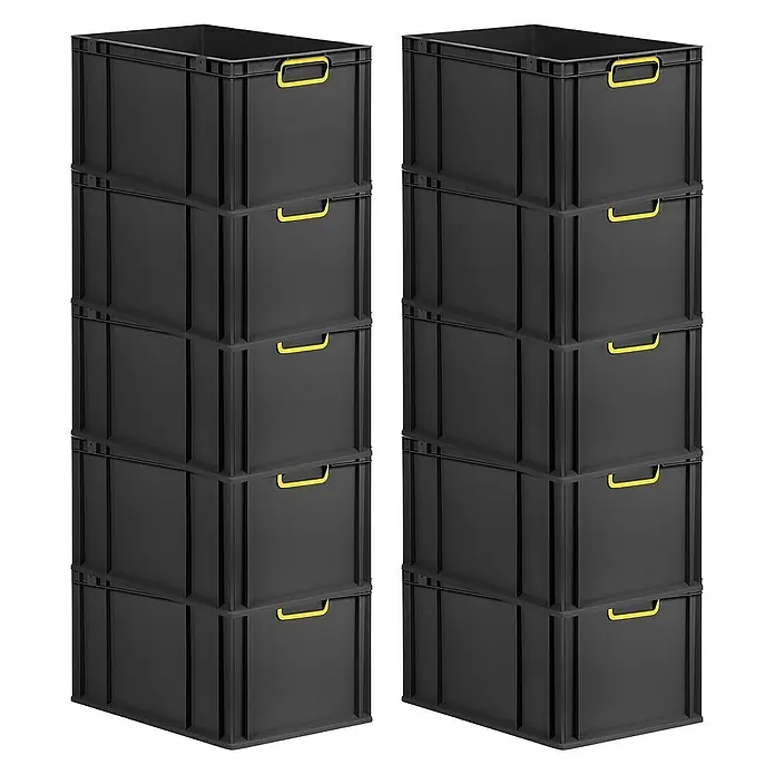 Proregal Euroboxen-Set 10x Eurobox NextGen Color - L x B x H: 60 x 40 x 32 cm, Kunststoff, Schwarz, Gelb, 10 Stk. - Zwei Stapel schwarzer Lagerboxen mit gelben Griffen, ideal für die Organisation von Gegenständen im Haushalt oder im Lager.