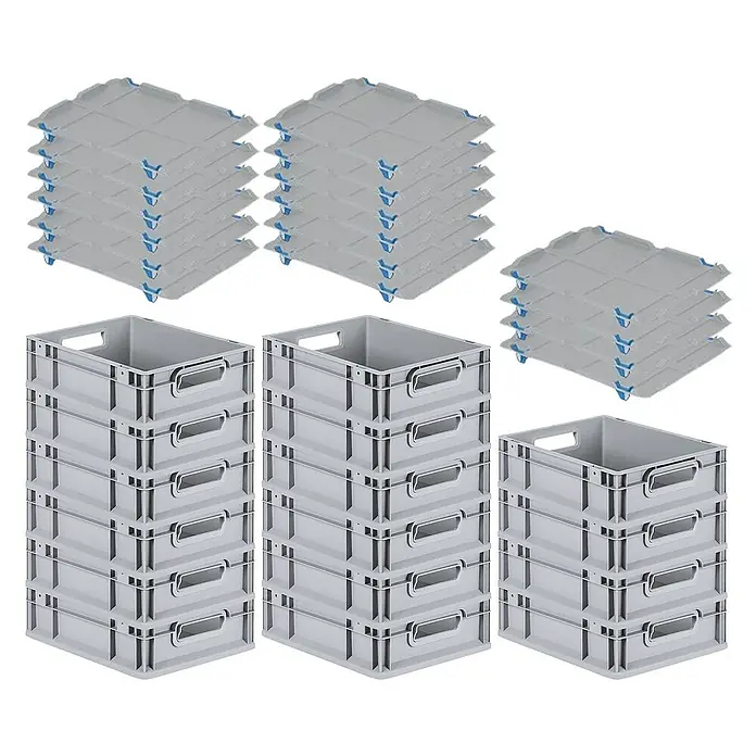 Proregal Euroboxen-Set 16x Eurobox NextGen Grip mit Auflagedeckel inkl. 4 blauen Verschlüssen - L x B x H: 40 x 30 x 12 cm, Kunststoff, Grau, 16 Stk. - Graue Kunststoffboxen und Deckel gestapelt.