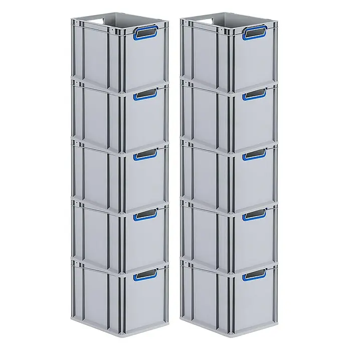 Proregal Euroboxen-Set 10x Eurobox NextGen Color - Kunststoff, Grau, Blau, 10 Stk. - Zwei Stapel grauer Kunststoffboxen mit blauen Griffen, die Funktionalität und Ordnung in Lagerung bringen.
