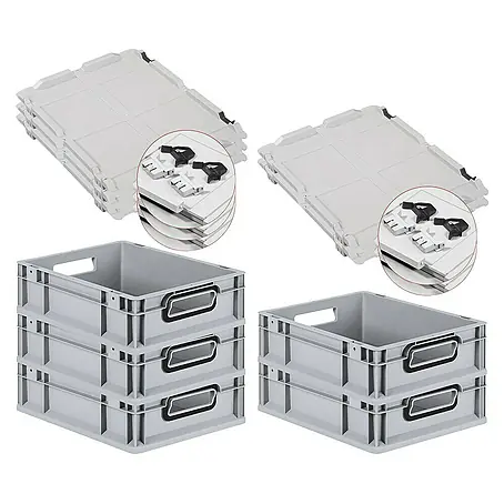 SuperSparSet 5x Eurobox NextGen Color mit Scharnierdeckel und Schiebeschnappverschlüssen | HxBxT 12x30x40cm | 11 Liter | Grau | Griffe schwarz offen | Glatter Boden | Eurobehälter, Transportbox, Transportbehälter, Stapelbehälter