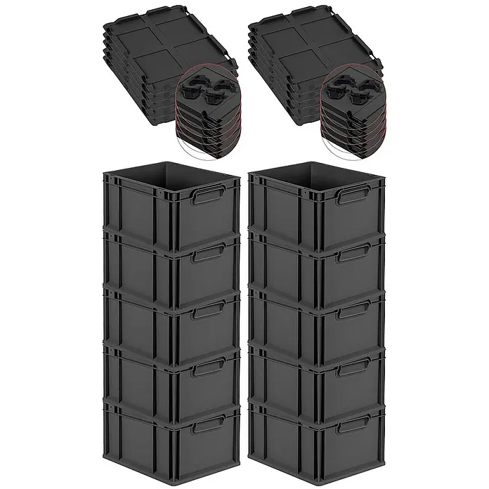 SparSet 10x Eurobox NextGen Color mit Auflagedeckel und Schiebeschnappverschlüsse | HxBxT 22x30x40cm | 20 Liter | Schwarz | Griffe schwarz geschlossen | Glatter Boden | Eurobehälter, Transportbox, Transportbehälter, Stapelbehälter -  - Bild von schwarzen Lagerboxen und Deckeln, die gestapelt und zur Aufbewahrung bereit sind, ideal für Ordnung und Organisation.