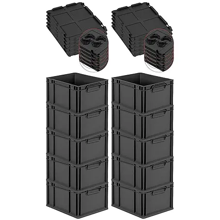 SparSet 10x Eurobox NextGen Color mit Auflagedeckel und Schiebeschnappverschlüsse | HxBxT 22x30x40cm | 20 Liter | Schwarz | Griffe schwarz geschlossen | Glatter Boden | Eurobehälter, Transportbox, Transportbehälter, Stapelbehälter
