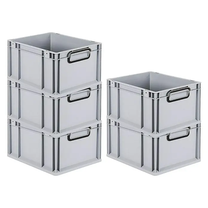 SparSet 5x Eurobox NextGen Color | HxBxT 22x30x40cm | 20 Liter | Griffe schwarz geschlossen | Glatter Boden | Grau | Eurobehälter, Transportbox, Transportbehälter, Stapelbehälter -  - Graue Kunststoffboxen in zwei Stapeln. Die Boxen sind leer und haben Griffaussparungen.